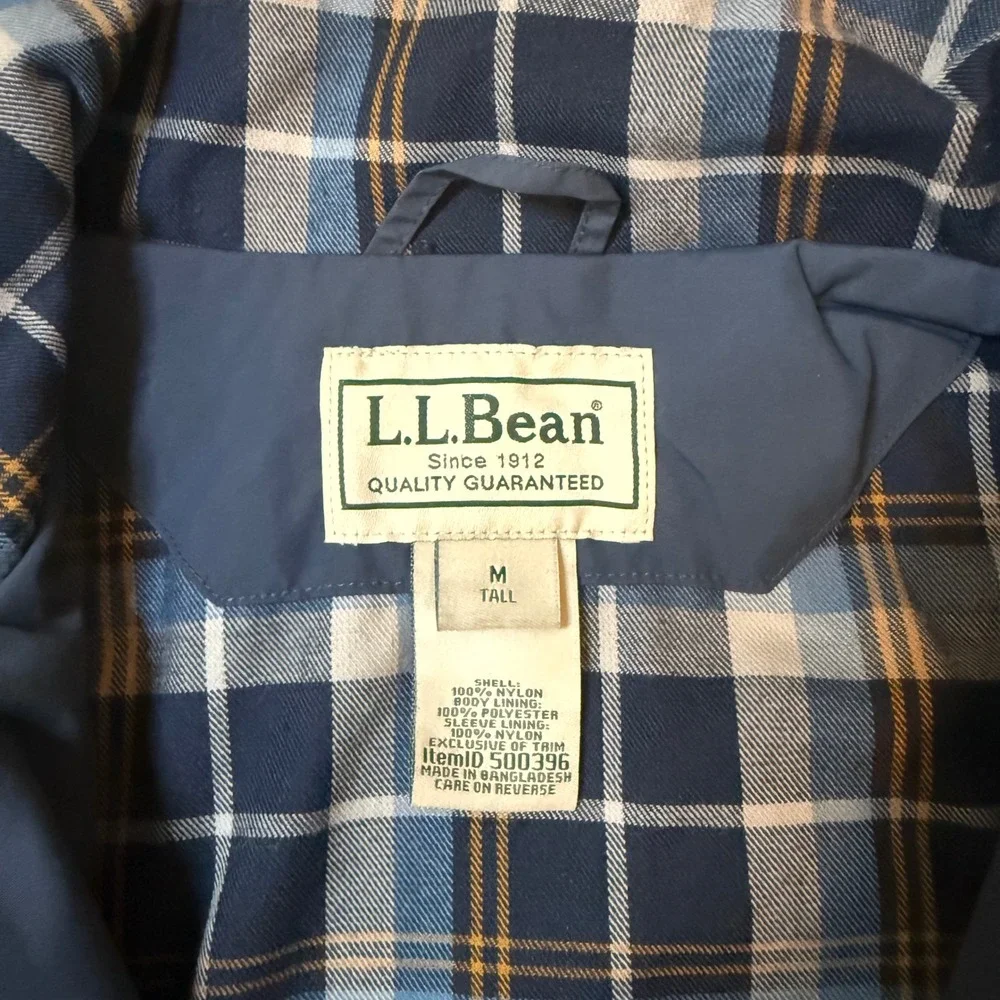 LL Bean Warm-Up Jacket Mens M Tall Blue Flannel Lined Bomber Full Zip 500396